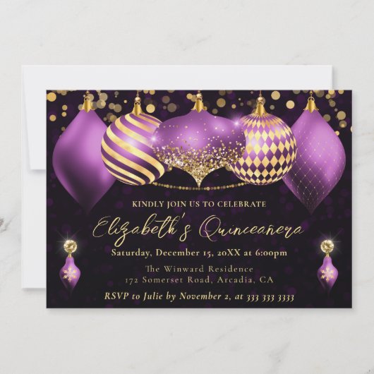 Paarse en gouden kerstballen Quinceanera Kaart (Voorkant)