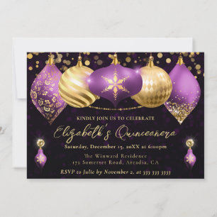 Paarse en Gouden Kerstballen Quinceanera Kaart