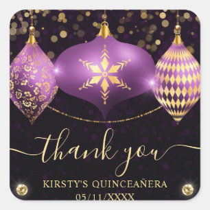 Paarse en Gouden Kerstballen Quinceanera Vierkante Sticker