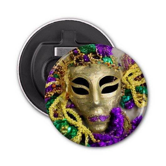 Paarse en gouden kralen Maskerade Masker Mardi Gra Button Flesopener (Voorkant)