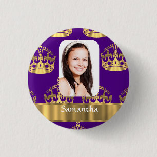 Paarse en gouden kroonfoto op maat ronde button 3,2 cm
