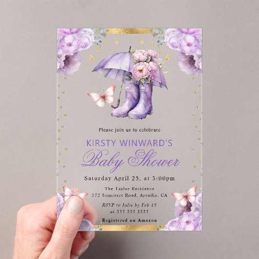 Paarse en gouden lente paraplu Baby shower Acryl Uitnodigingen (Insitu (Draagbaar))