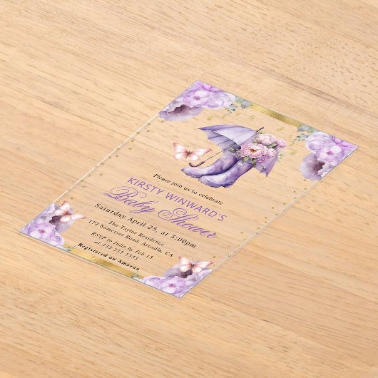 Paarse en gouden lente paraplu Baby shower Acryl Uitnodigingen (Laagn)