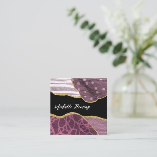 Paarse en gouden linnen stof QR-code Vierkante Visitekaartje (Staand voorkant)