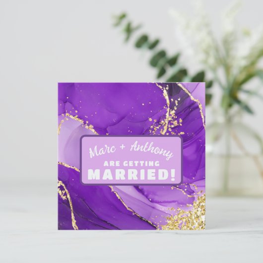 Paarse en gouden luxe marmeren Fancy bruiloft Save The Date (Staand voorkant)