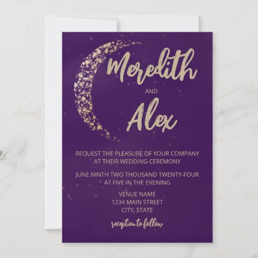 Paarse en gouden maan en terug bruiloft kaart (Voorkant)