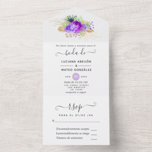 Paarse en gouden Mardi Gras-verjaardagsfeestje All In One Uitnodiging (Binnen)