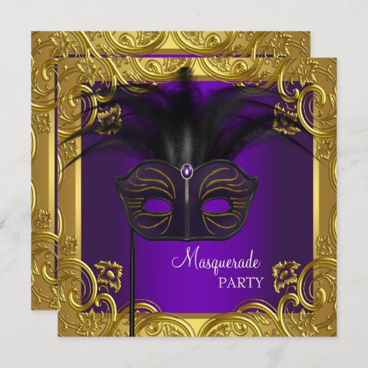 Paarse en gouden maskerade partij kaart (Voorkant / Achterkant)