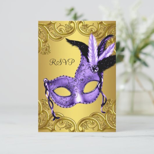 Paarse en gouden maskerade partij RSVP (Staand voorkant)