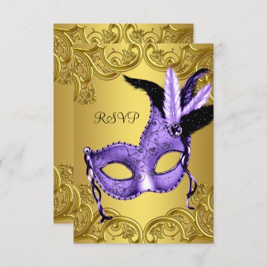 Paarse en gouden maskerade partij RSVP (Voorkant / Achterkant)