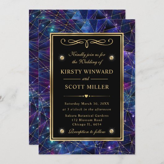 Paarse en gouden Midnight Crystal Galaxy bruiloft Kaart (Voorkant / Achterkant)