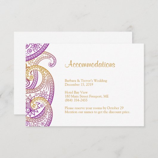 Paarse en gouden Paisley bruiloft accommodaties Informatiekaartje (Voorkant / Achterkant)