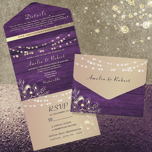 Paarse en gouden rustieke String Lights bruiloft All In One Uitnodiging