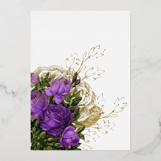 Paarse en gouden sjabbybloemetjes folie uitnodiging (Achterkant)