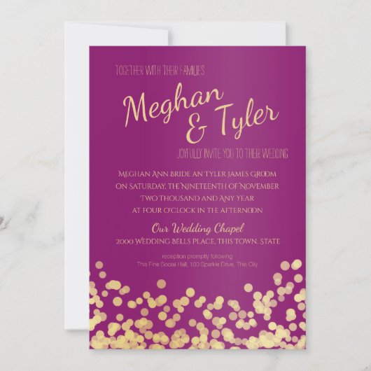 Paarse en gouden sprankelende bruiloft kaart (Voorkant)