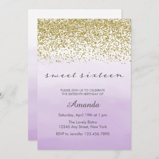 Paarse en gouden Sweet 16 verjaardagsuitnodiging Kaart (Voorkant / Achterkant)