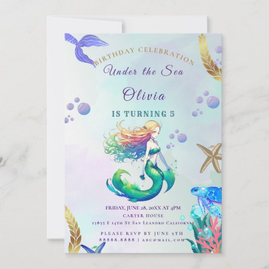 Paarse en gouden zeemeermin Verjaardag onder het Z Kaart (Voorkant)