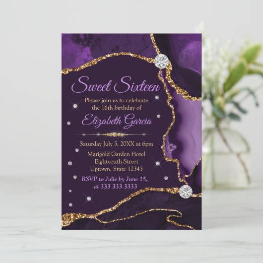 Paarse en goudfaux Glitter Agate Sweet 16 Kaart (Staand voorkant)