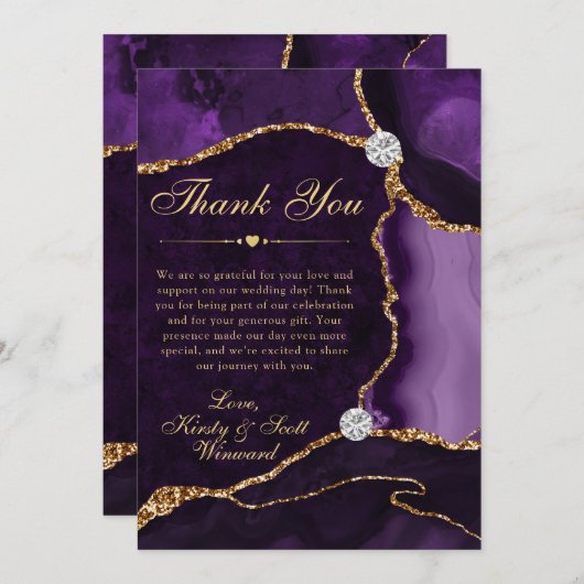 Paarse en goudfeeën Glitter Agate Wedding Bedankkaart (Voorkant / Achterkant)