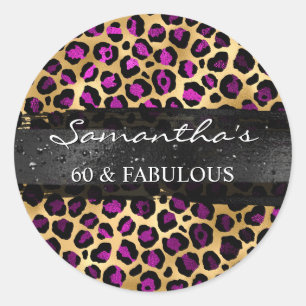 Paarse en goudfolie Leopard 60 & Fabulous Ronde Sticker