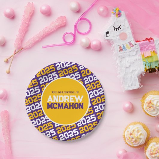 Paarse en goudgeel gepersonaliseerd Afstuderen Papieren Bordje (Feest)