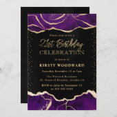 Paarse en goudglitter Agate Birthday Party Kaart (Voorkant / Achterkant)