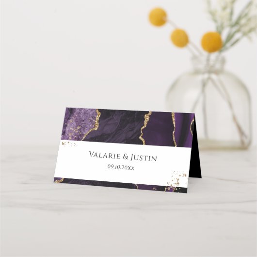 Paarse en goudglitter Agate Wedding Place Card (Voorkant)