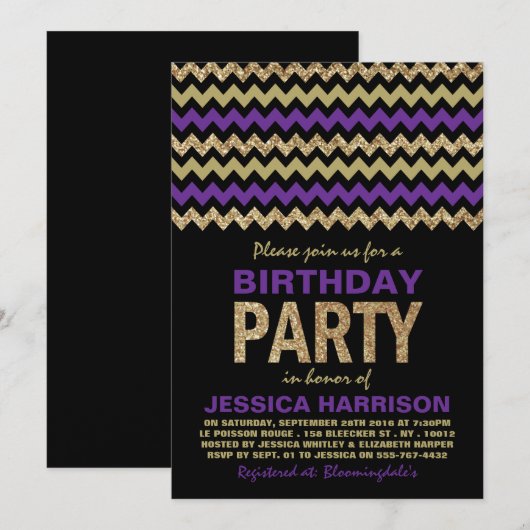Paarse en goudglitter Chevron Birthday Party Kaart (Voorkant / Achterkant)