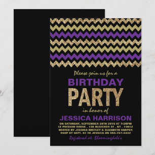 Paarse en goudglitter Chevron Birthday Party Kaart