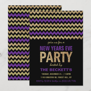 Paarse en goudglitter Chevron New Years Party Kaart
