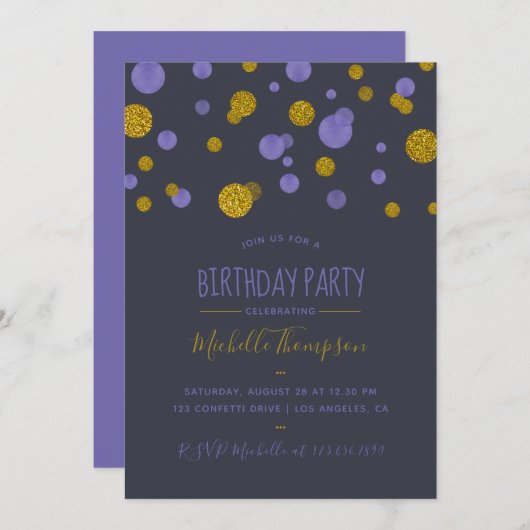 Paarse en goudglitter Confetti Birthday Party Kaart (Voorkant / Achterkant)