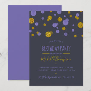 Paarse en goudglitter Confetti Birthday Party Kaart