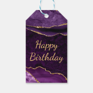 Paarse en goudglitter Marble Agate Happy Birthday Cadeaulabel