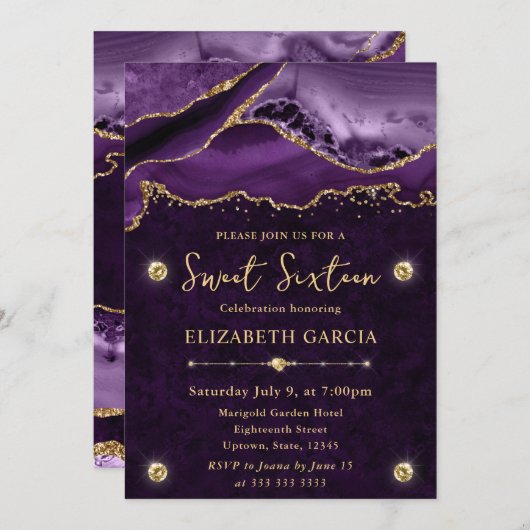 Paarse en goudglitterAgate Sweet 16 Kaart (Voorkant / Achterkant)