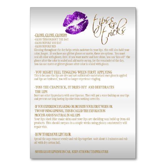 Paarse en goudhoudende Confetti Lip Instructies -  Kaart (Achterkant)