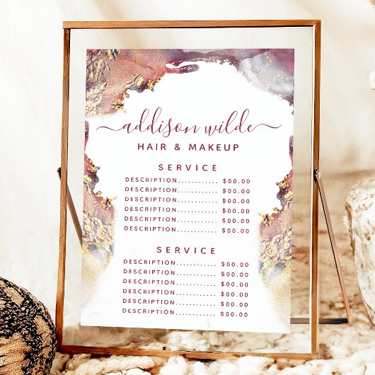 Paarse en goudmatige serviceprijs voor vloeibare i menu