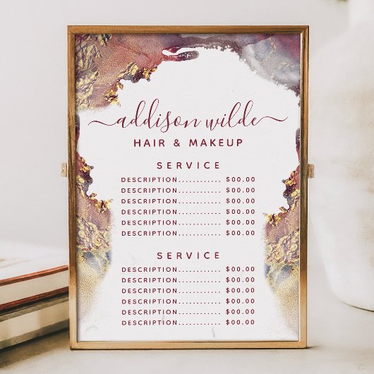 Paarse en goudmatige serviceprijs voor vloeibare i menu