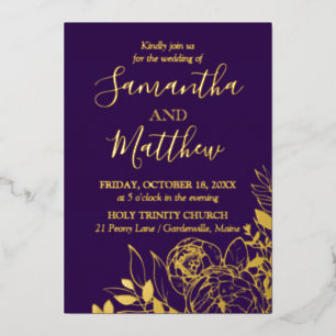 Paarse en goudpony Modern Floral Wedding Folie Uitnodiging