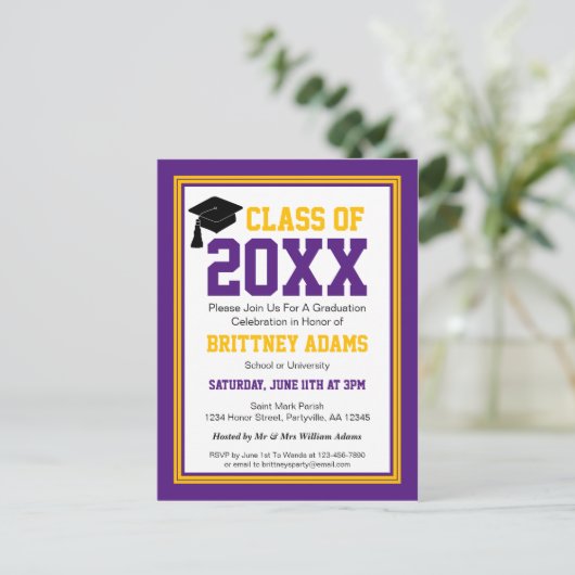 Paarse en goudstudiepartij uitnodiging briefkaart (Staand voorkant)
