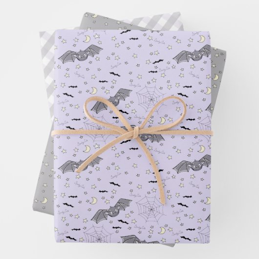 Paarse en Grijze Baby Halloween Bat, Moon & Gingha Inpakpapier Vel (In situ)