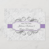 Paarse en grijze Damask Save The Date Aankondigingskaart (Voorkant / Achterkant)