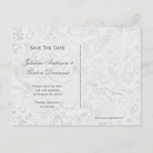 Paarse en grijze Damask Save The Date Aankondigingskaart (Achterkant)