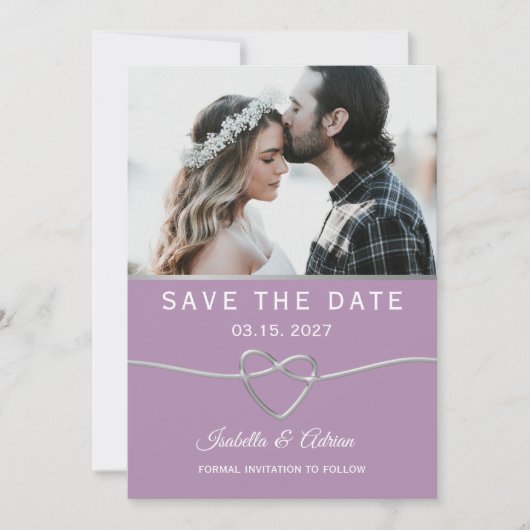 Paarse en grijze fotobruiloft save the date (Voorkant)