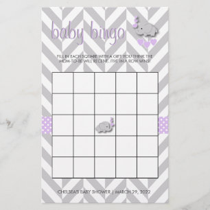 Paarse en grijze olifant Baby shower Bingo Briefpapier