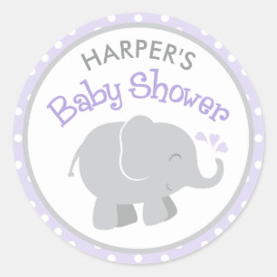 Paarse en grijze olifant baby shower ronde sticker