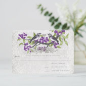 Paarse en grijze vogels Damask Wedding RSVP Kaartje (Staand voorkant)