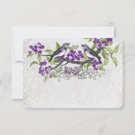 Paarse en grijze vogels Damask Wedding RSVP Kaartje (Achterkant)