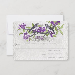Paarse en grijze vogels Damask Wedding RSVP Kaartje