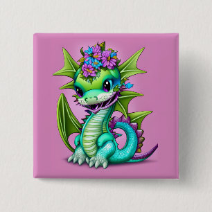 Paarse en groene Baby Dragon Vierkante Button 5,1 Cm