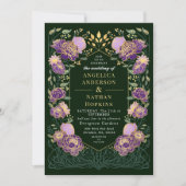 Paarse en groene betoverde bloementuin bruiloft kaart (Voorkant)
